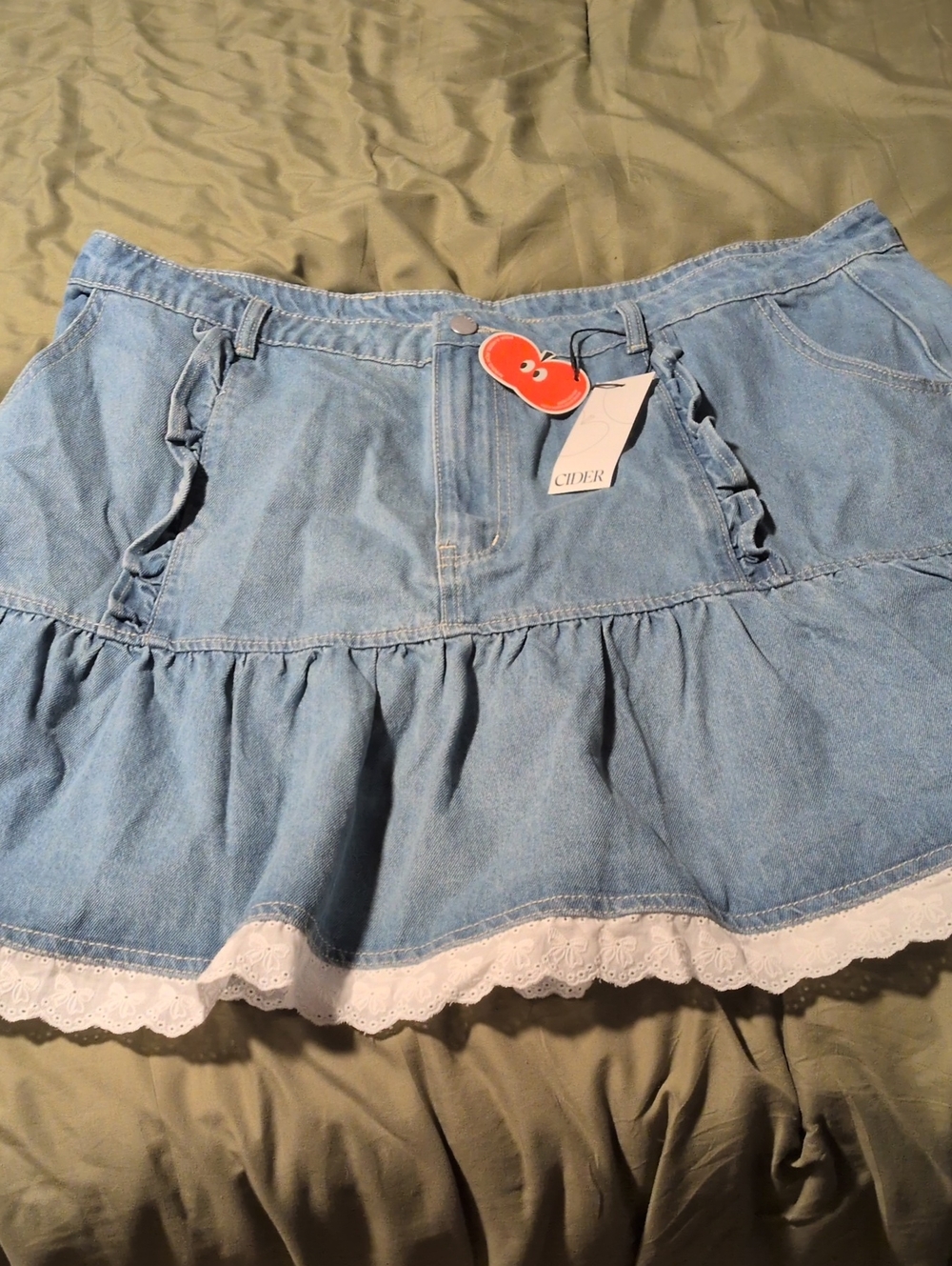 Cider Light Blue Denim Ruffle Skirt with White Eyelet Hem